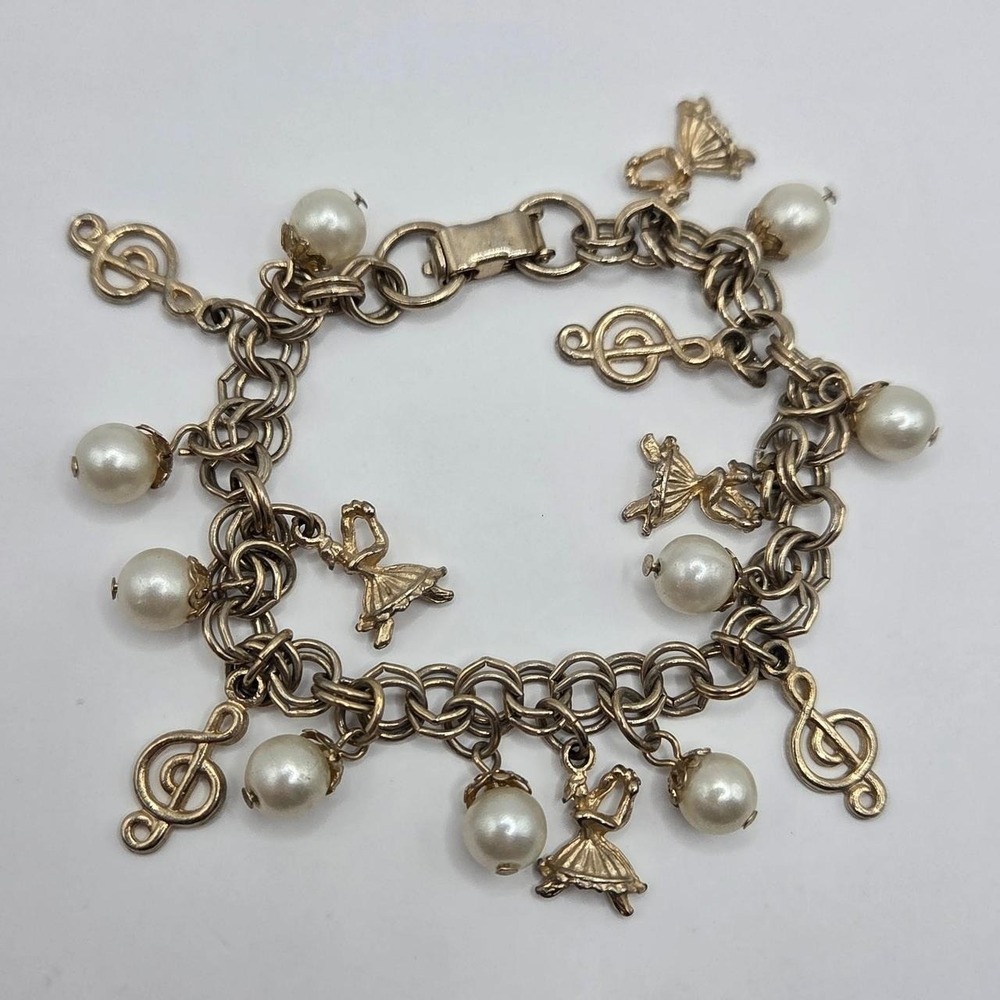 Gold Tone Ballerina Music Charm Bracelet 7" Faux Pearl Treble Clef Dance